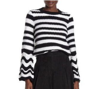 Alice + Olivia Striped Textured Long Bell Sleeve Sweater Black White Size Large